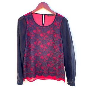 The Limited red burgundy black sheer long sleeve lace top blouse XS